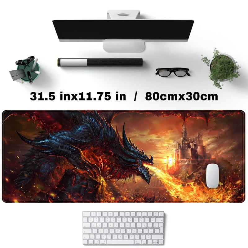YKJWW Japanese Desk Mat Dragon Castle Desk Pad Game Aesthetic Mouse Pad Large Gaming Mousepad Extended Keyboard Pad 31.5 x 11.8 in Laptop Computer Mouse Keyboard Mouse Pads for Desk Decor Mat. - Image 4