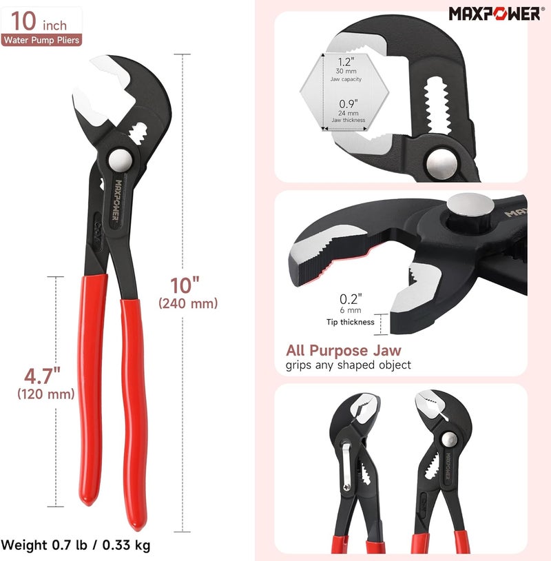 Max Power 10 inch Water Pump Pliers, with 1.2 inch Jaw Capacity Opening Push Button Lock Pliers - Image 1