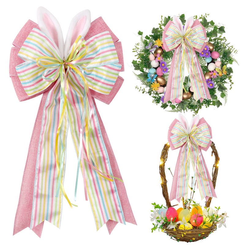 Hongsome Easter Bows for Wreaths DecorationsEaster Tree Topper BowDecorative Bow with Bunny Ears Pink Burlap for Spring Home Front Door Outdoor 