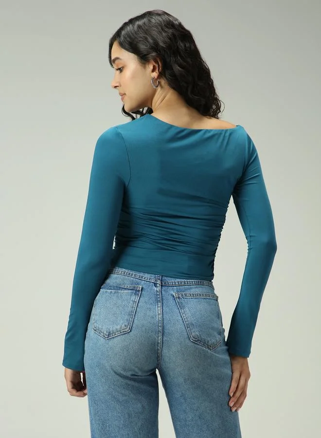 Outzidr  Green Asymmetric Neck Ruched Top for Women | Best Price UAE