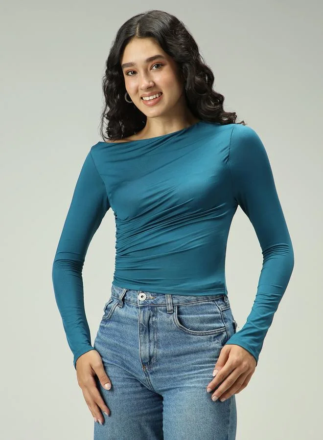 أوجيدر بلوزة أخضر بتفاصيل مزمومة بياقة غير متماثلة