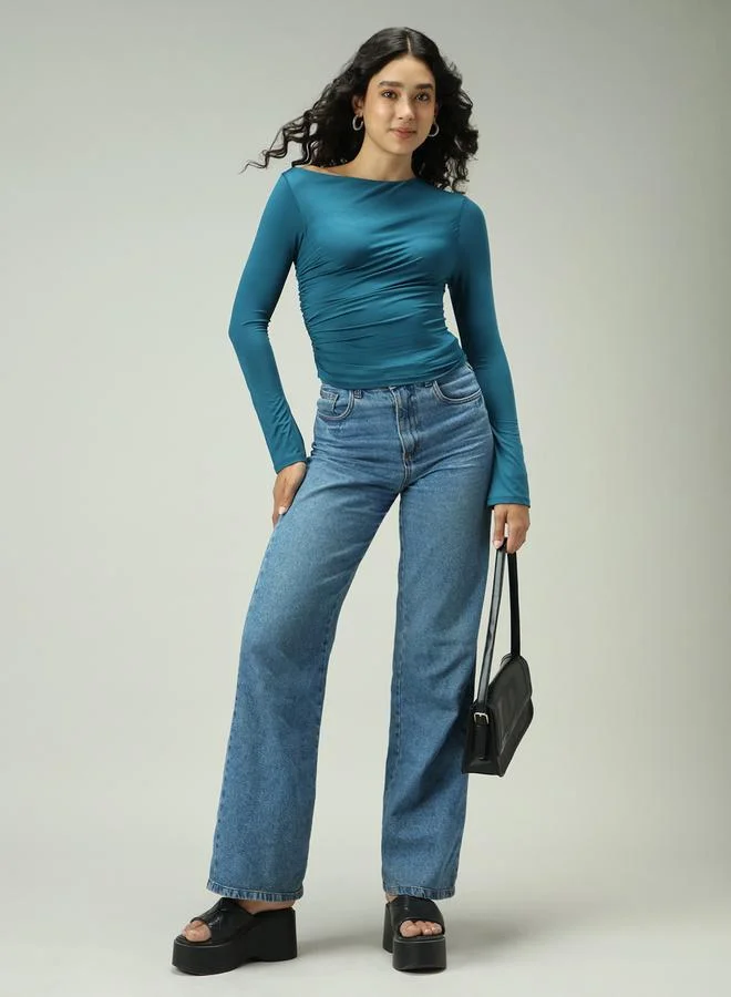 Outzidr  Green Asymmetric Neck Ruched Top for Women | Best Price UAE