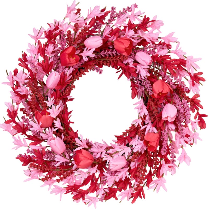 zjlmit Valentines Day Decorations 22 Inch Valentine's Day Wreath Pink Flower Wreaths for Front Door with Red Tulip Pink Forsythia Flowers for Valentine Wedding Anniversary and Holiday Decorations - Image 1