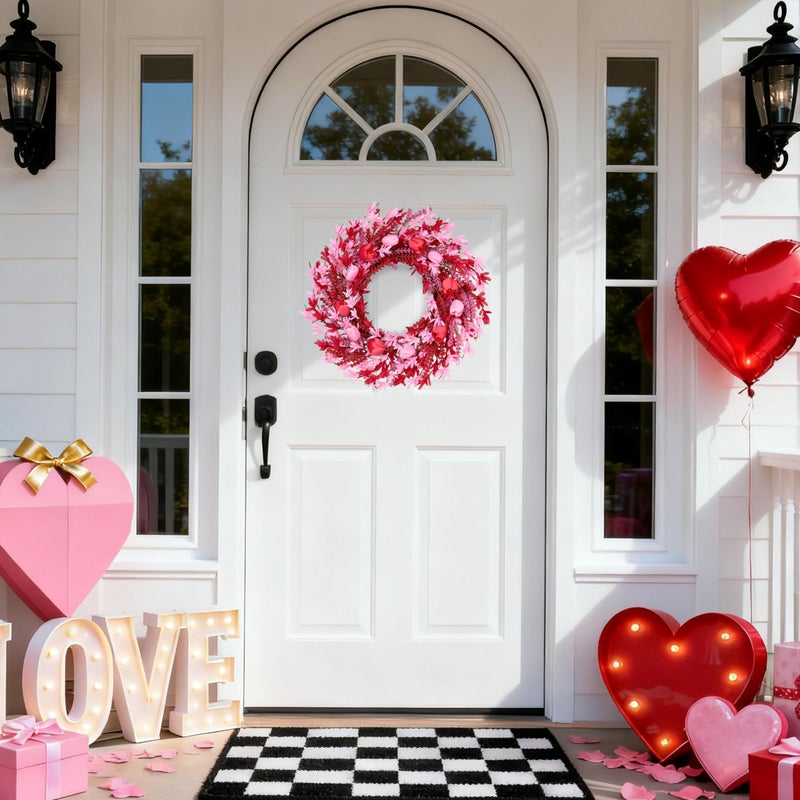 zjlmit Valentines Day Decorations 22 Inch Valentine's Day Wreath Pink Flower Wreaths for Front Door with Red Tulip Pink Forsythia Flowers for Valentine Wedding Anniversary and Holiday Decorations - Image 3