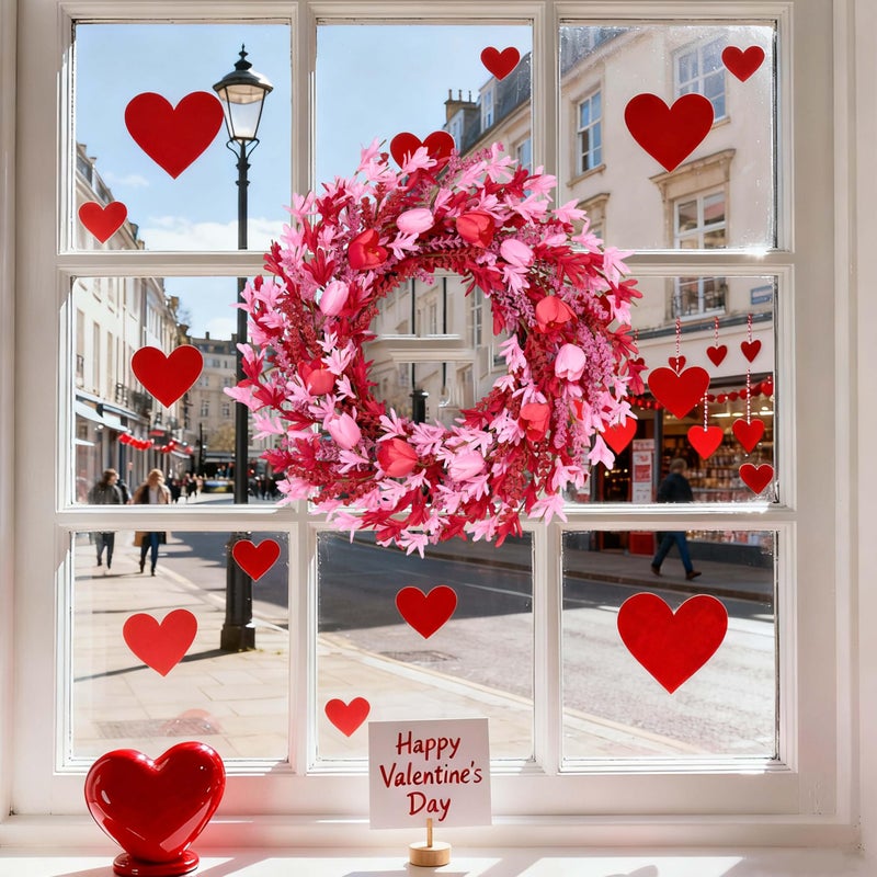 zjlmit Valentines Day Decorations 22 Inch Valentine's Day Wreath Pink Flower Wreaths for Front Door with Red Tulip Pink Forsythia Flowers for Valentine Wedding Anniversary and Holiday Decorations - Image 5