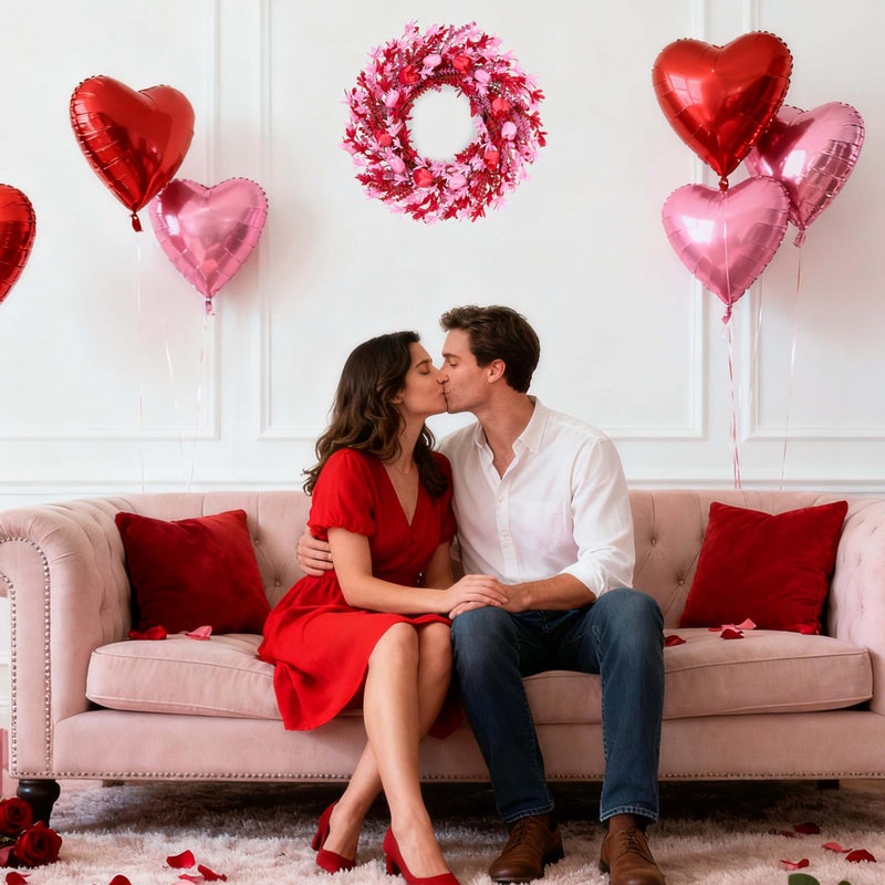 zjlmit Valentines Day Decorations 22 Inch Valentine's Day Wreath Pink Flower Wreaths for Front Door with Red Tulip Pink Forsythia Flowers for Valentine Wedding Anniversary and Holiday Decorations - Image 2
