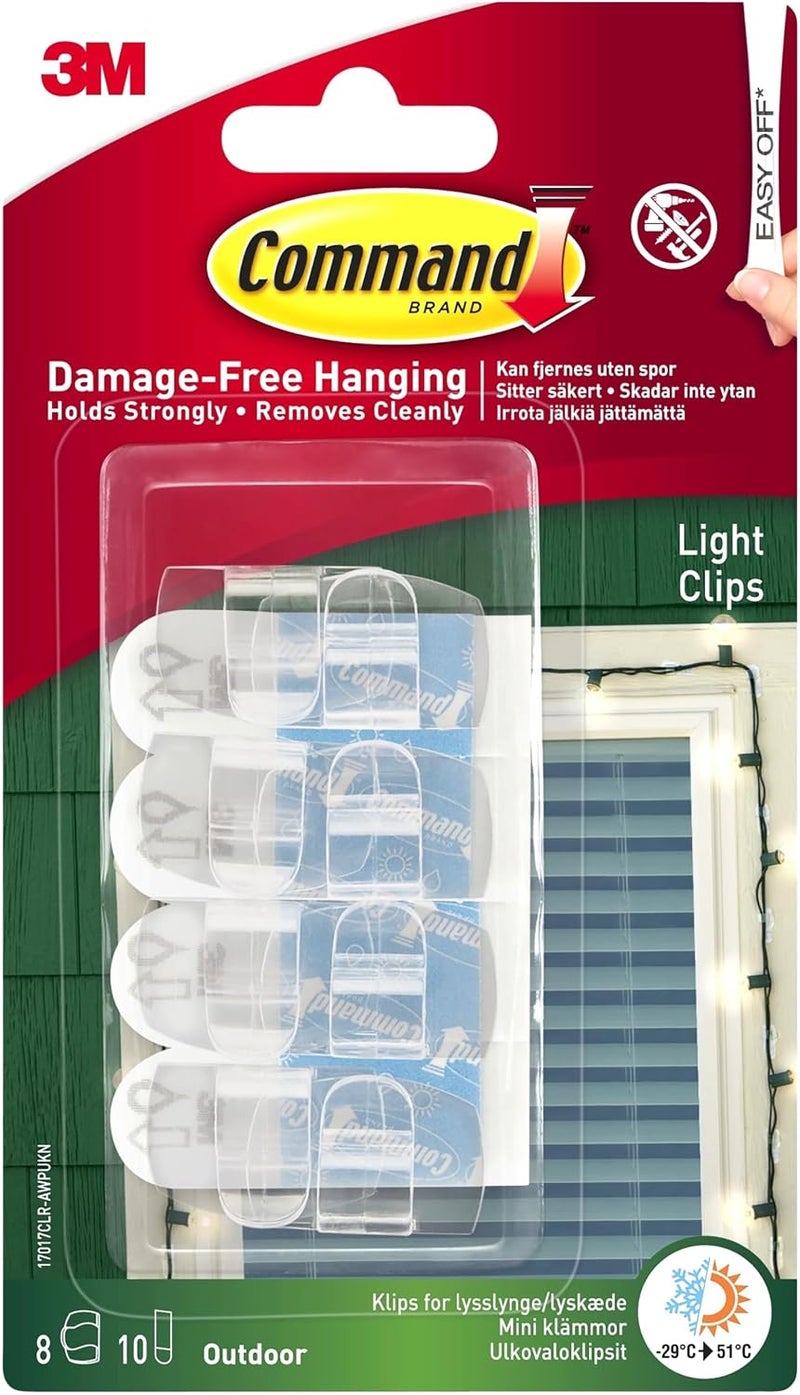 Command Clear Outdoor Light Small Clips - 8 Hooks + 10 Strips - Image 1