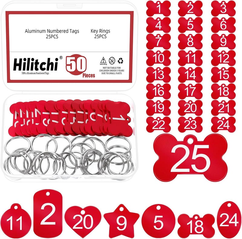 Hilitchi 50 قطعة من علامات ألومنيوم مرقمة على شكل عظم مع حلقات مفاتيح، 1-25 علامة تعريف معدنية حمراء لسلسلة المفاتيح لتحديد هوية الحيوانات الأليفة والترميز (شكل عظم) - Image 1
