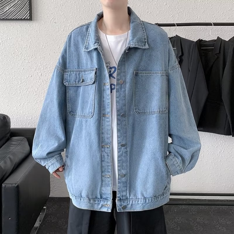 Washed Denim Jacket Mens European and American-style hiphop Fashion Brand High Street Lapel Jacket Loose Multi-pocket Work Top Blue