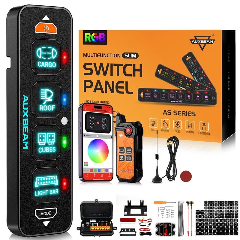 Auxbeam 4 Gang Slim Switch Panel Bluetooth RGB AS400 with APPWireless Remote Control Toggle Momentary Pulsed Dimmable Switch Pod for Offroad Truck Waterproof3Year Warranty Patent Registering - Image 2