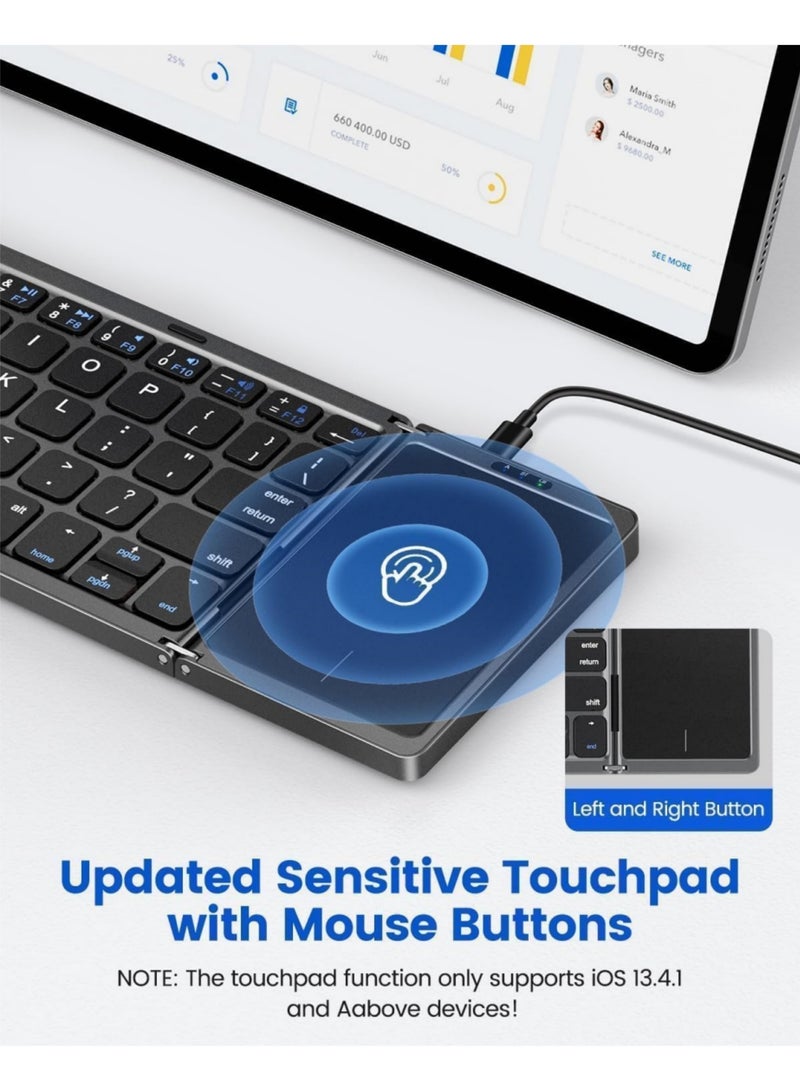 Aookay Arabic & English Foldable Bluetooth Keyboard with Touchpad, Rechargeable Wireless Portable Keyboard, Dual-Mode Bluetooth/USB Wired Pocket-Sized Travel Keyboard for i-O-S, Android, Windows, Mac OS (Space Gray) - Image 3