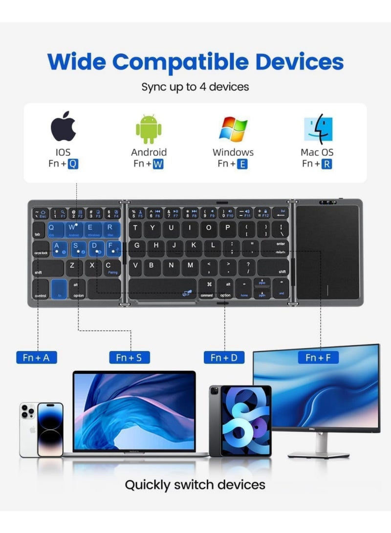 Aookay Arabic & English Foldable Bluetooth Keyboard with Touchpad, Rechargeable Wireless Portable Keyboard, Dual-Mode Bluetooth/USB Wired Pocket-Sized Travel Keyboard for i-O-S, Android, Windows, Mac OS (Space Gray) - Image 2