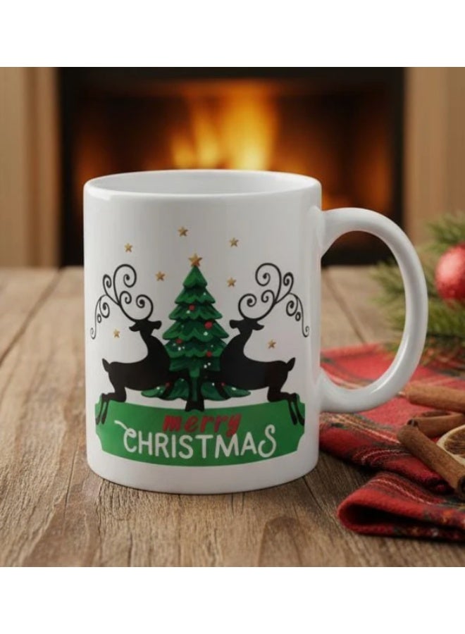 أي كي دي سي كوب سيراميك AKDC سعة 400 مل بتصميم شجرة عيد الميلاد وغزال - كوب أبيض احتفالي للقهوة والشاي وهدايا العطلات - Image 2