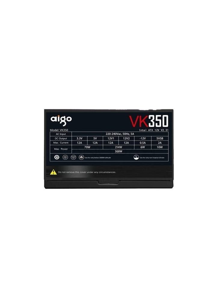 aigo - Aigo VK350 350W Computer Power Supply, Intel ATX 12V, 120mm Fan Size, 50Hz Frequency, Hydraulic Bearing, SATA x2 / 4 Pin Interface, 220-240V AC Input Voltage, Black | VK350 - Image 1