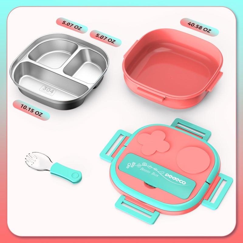 PEDECO Bento Box for Kids Stainless Steel - 3-Compartment - Complete Lunch Set with Portable Utensil - Ideal for Children Under 10 Years Old - Dishwasher Safe & BPA-Free(Pink) - Image 5