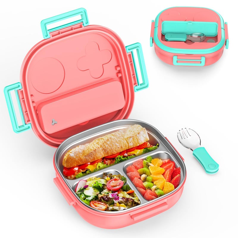 PEDECO Bento Box for Kids Stainless Steel - 3-Compartment - Complete Lunch Set with Portable Utensil - Ideal for Children Under 10 Years Old - Dishwasher Safe & BPA-Free(Pink) - Image 1