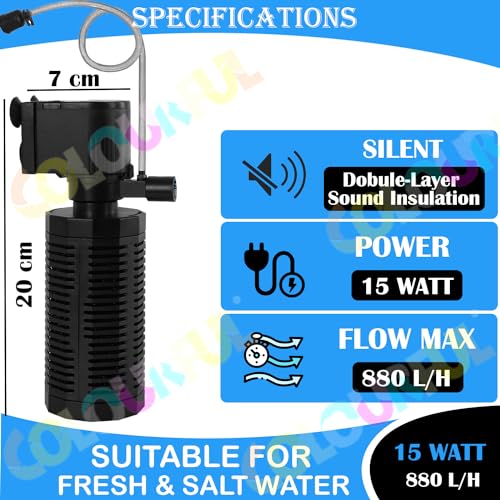 COLOURFUL - 4 in 1 Aquarium Internal Filter for Aquarium Fish Tank | Suitable for Both Fresh and Salt Water | BL Series | (6001F | 15W | Output : 880L/H) - Image 2