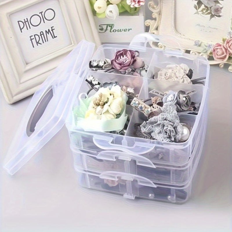 1pc Portable Storage Box With Lid 4.92 X 5.71 Inch Transparent 3 Layer 18 Grid Removable Stackable Organizer Plastic Slot Lock Container For Jewelry Handicrafts Sewing Tools - Image 1