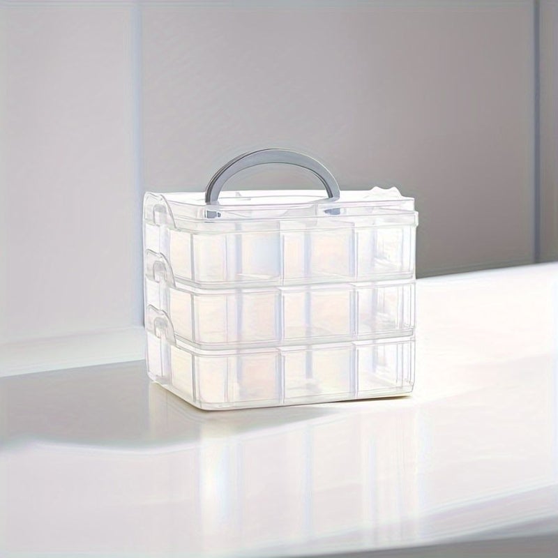 1pc Portable Storage Box With Lid 4.92 X 5.71 Inch Transparent 3 Layer 18 Grid Removable Stackable Organizer Plastic Slot Lock Container For Jewelry Handicrafts Sewing Tools - Image 4