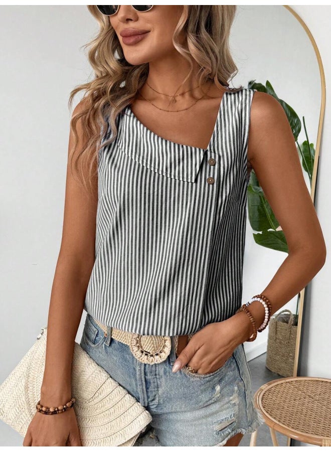 Diagonal Collar Sleeveless Top – Multi-Color Striped, Casual Style