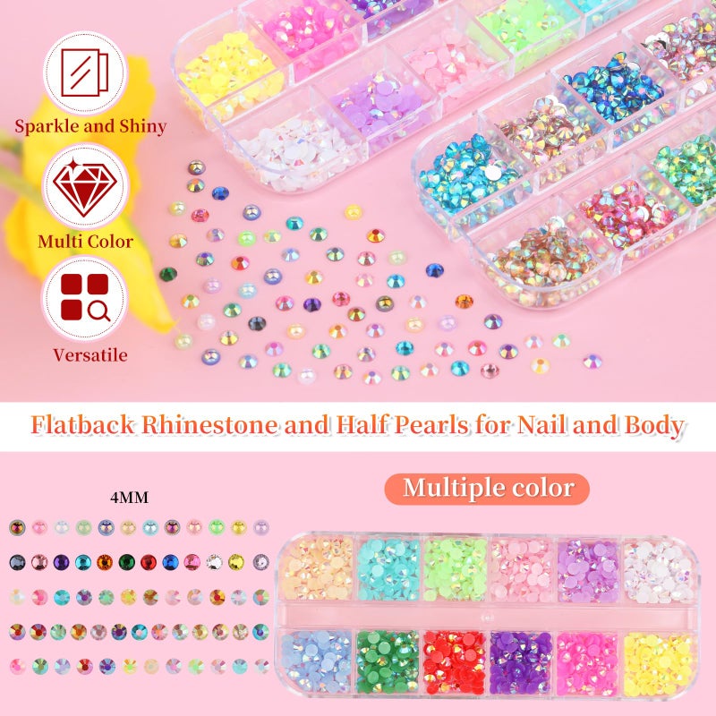 editTime 5 Boxes 3000pcs Sparkling Crystal Nail Rhinestones Pearls Kit, Flatback Multicolor Transparent Jelly AB Mermaid Gems with Pick Up Pen and Curved Tweezers for Manicure Salon & Craft DIY Designs (4mm) - Image 2