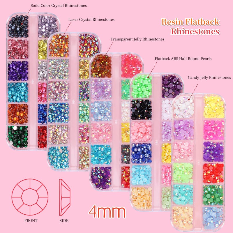 editTime 5 Boxes 3000pcs Sparkling Crystal Nail Rhinestones Pearls Kit, Flatback Multicolor Transparent Jelly AB Mermaid Gems with Pick Up Pen and Curved Tweezers for Manicure Salon & Craft DIY Designs (4mm) - Image 3