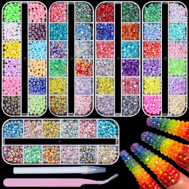 editTime 5 Boxes 3000pcs Sparkling Crystal Nail Rhinestones Pearls Kit, Flatback Multicolor Transparent Jelly AB Mermaid Gems with Pick Up Pen and Curved Tweezers for Manicure Salon & Craft DIY Designs (4mm) - Image 1