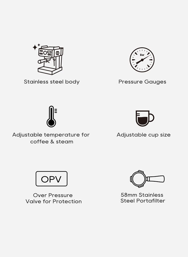 Hibrew 20Bar Semi Automatic Espresso Coffee Machine 1350w 1.8L Water Tank Cappuccino Coffee Maker Stainless Steel H10A-black - Image 4