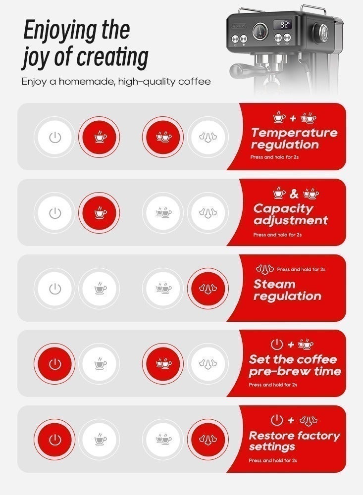 Hibrew 20Bar Semi Automatic Espresso Coffee Machine 1350w 1.8L Water Tank Cappuccino Coffee Maker Stainless Steel H10A-black - Image 2