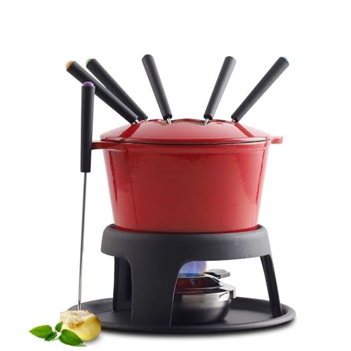 Artestia Cast Iron Fondue Set, 11-Piece, Serve 6 Persons (Red) - Image 1
