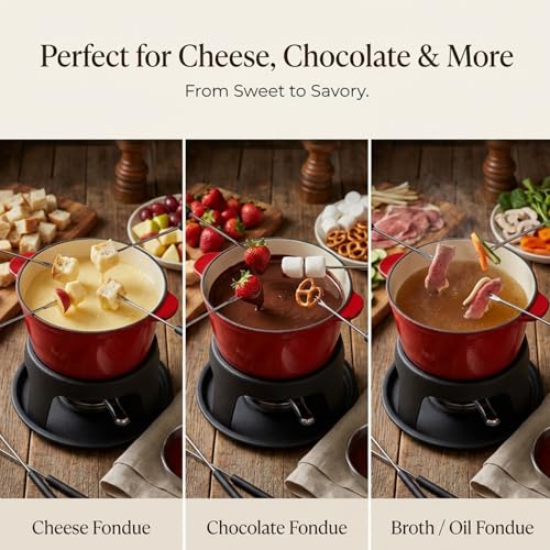 Artestia Cast Iron Fondue Set, 11-Piece, Serve 6 Persons (Red) - Image 3