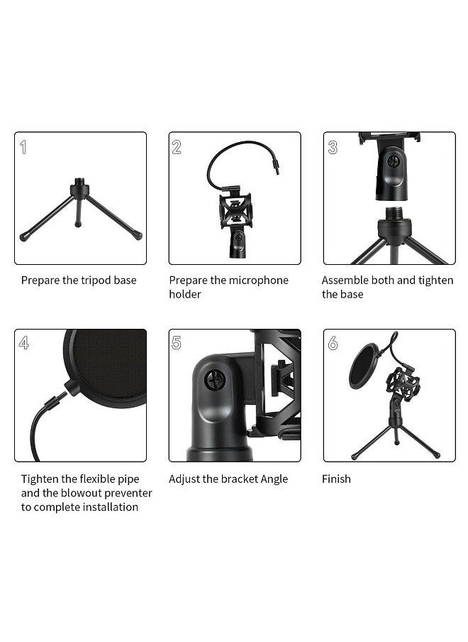 Desktop Microphone Tripod Stand Foldable Mic Stand with Shock Mount Portable Mic Holder Double-Net Pop Filter Gooseneck for Podcasts Internet Chat Meetings Lectures Online Show