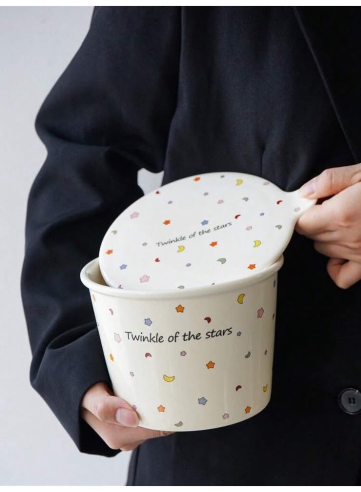 Ceramic Noodle Bowl with Lid, Star & Moon Design - Image 1