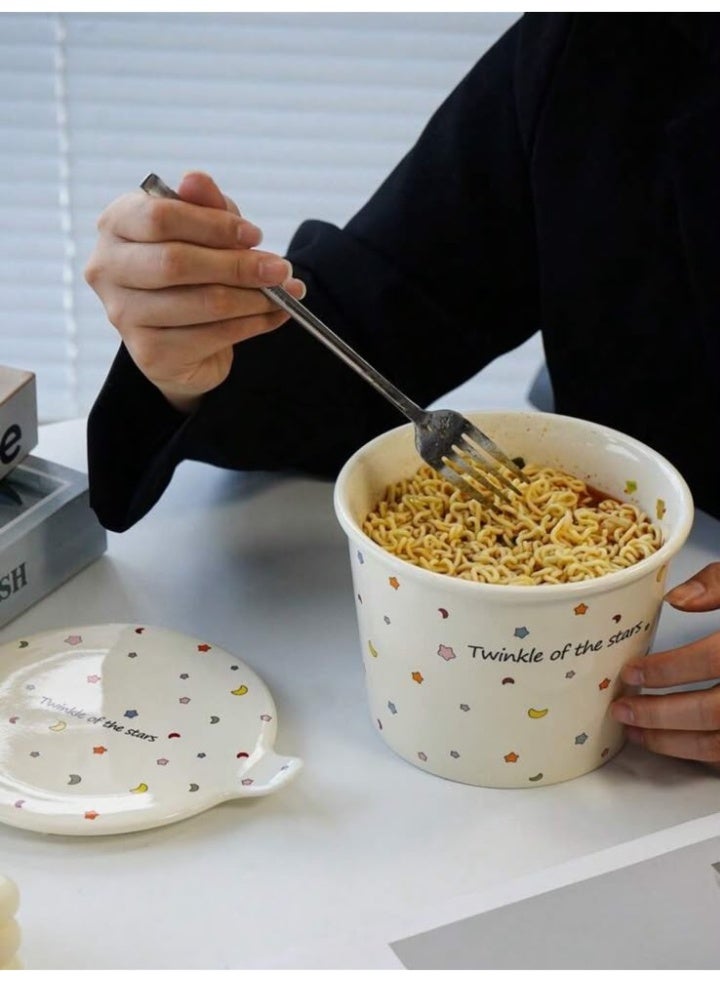 Ceramic Noodle Bowl with Lid, Star & Moon Design - Image 4
