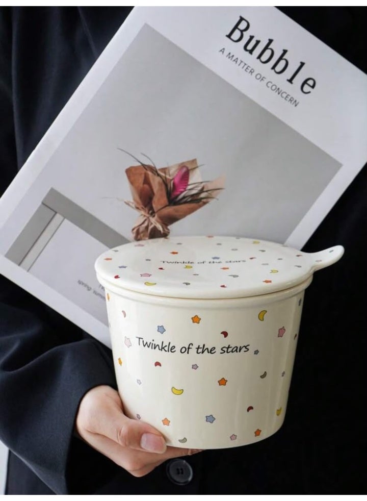 Ceramic Noodle Bowl with Lid, Star & Moon Design - Image 3