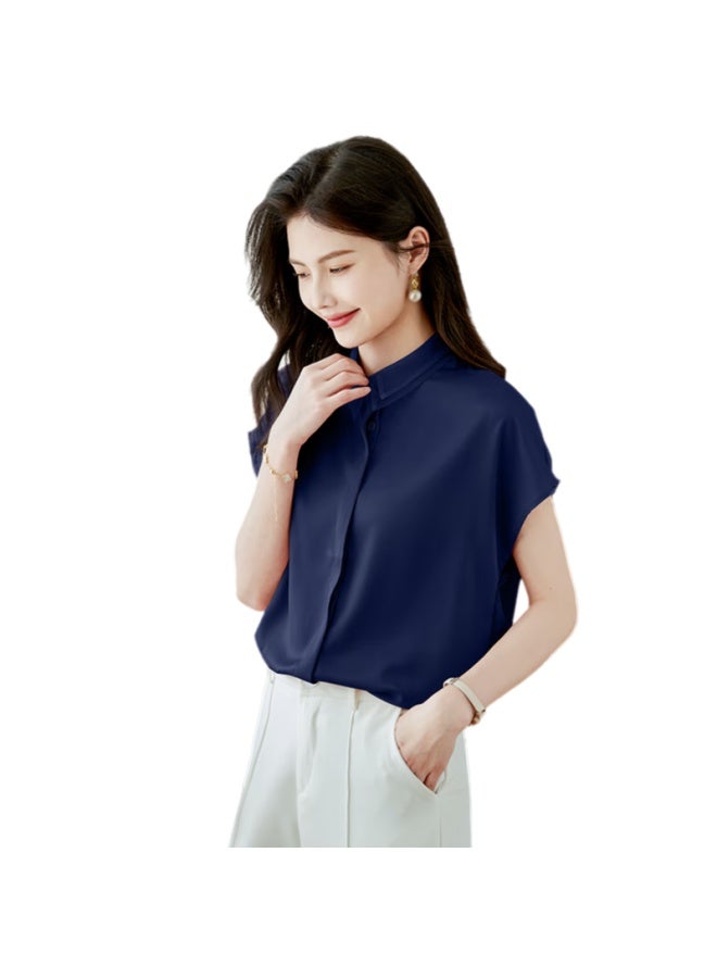 Sheen Short Sleeve Chiffon Satin Commuter Shirt Women's Workplace Wear Turn-down Collar Design Sense Top T141c1848