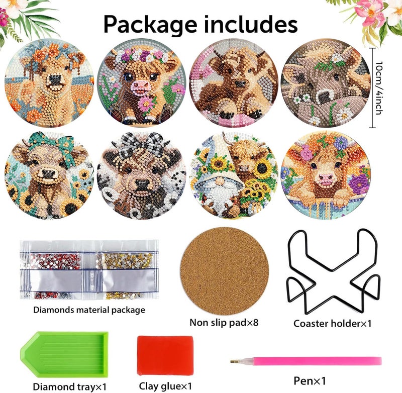croshom 8 Pieces Cow Diamond Art Coasters Kit, Diamond Painting Coasters, Cow Diamonds Art Painting Kits,5D DIY Full Drill Diamonds Arts Kits for Adults Gift & Home Decor - Image 4
