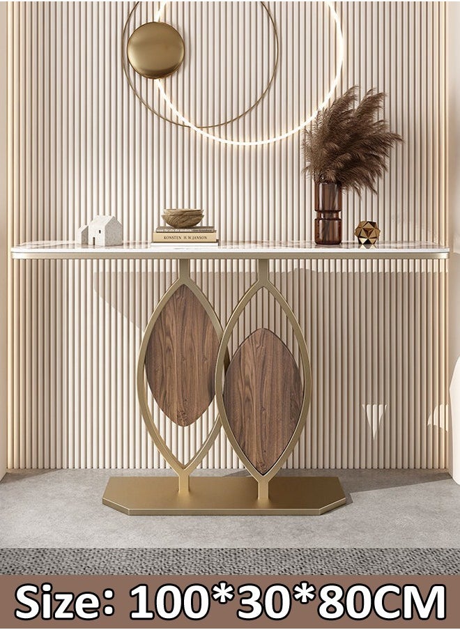 C&C Home - Modern Design Rustproof Rock Slab Console Table White Curved Shape Tabletop Sintered Stone Entryway Table Display Table Leaf Design Metal Frame Pedestal for Foyer Living Room Home Offices 100x30x80 cm - Image 1
