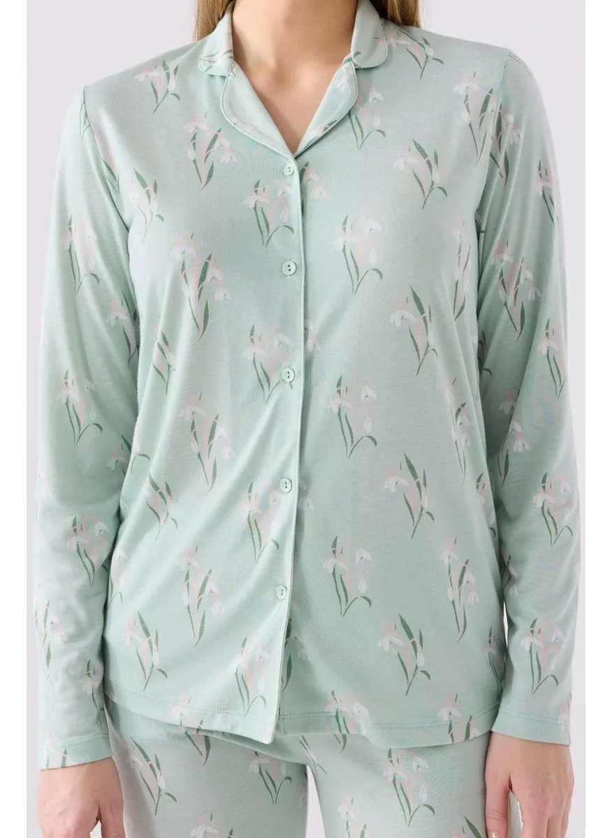 Arnetta Women's Nile Green Buttoned Pocket Pajama Set, Viscose Fabric