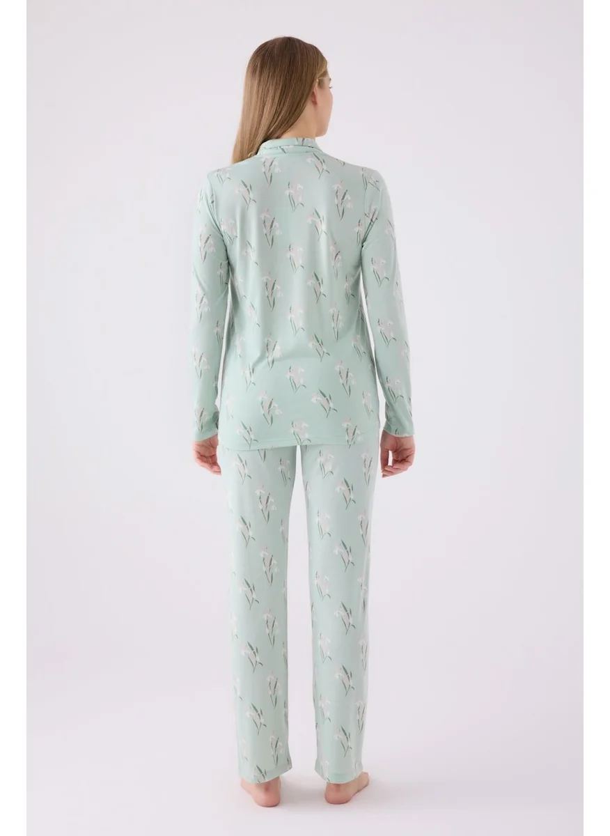 Arnetta Women's Nile Green Buttoned Pocket Pajama Set, Viscose Fabric