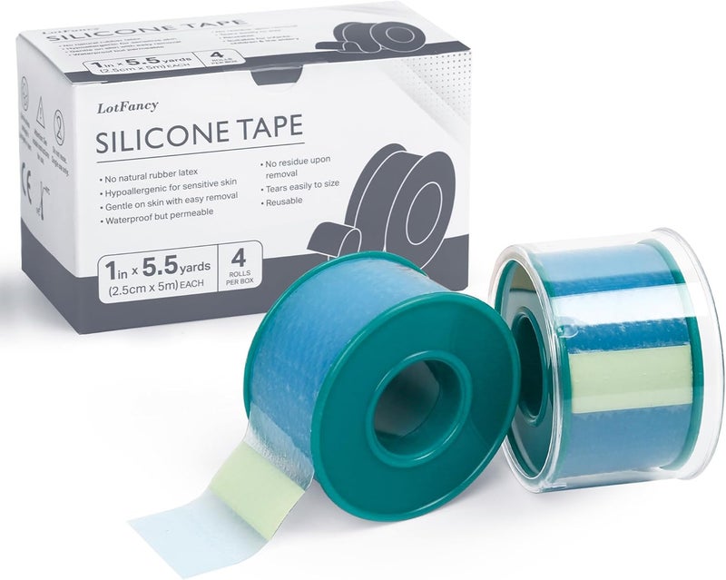 LotFancy Medical Soft Silicone Tape 4Rolls 1inch x 55Yards Adhesive WaterProof Surgical Tape with Perforation for Easy Tear Surgery First Aid Tape for Wound Bandage - Image 1
