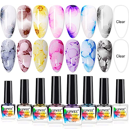 SUPWEE Blooming Nail Polish Watercolor Ink Marble Nail Art Blossom Effect Manicure for Spreading Marble Effect 8 Colors 7ml(0.25fl oz) - Image 1