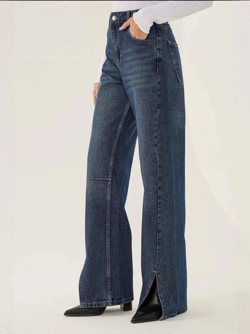 زوبعة جينز مستقيم بخصر متوسط وفتحة جانبية