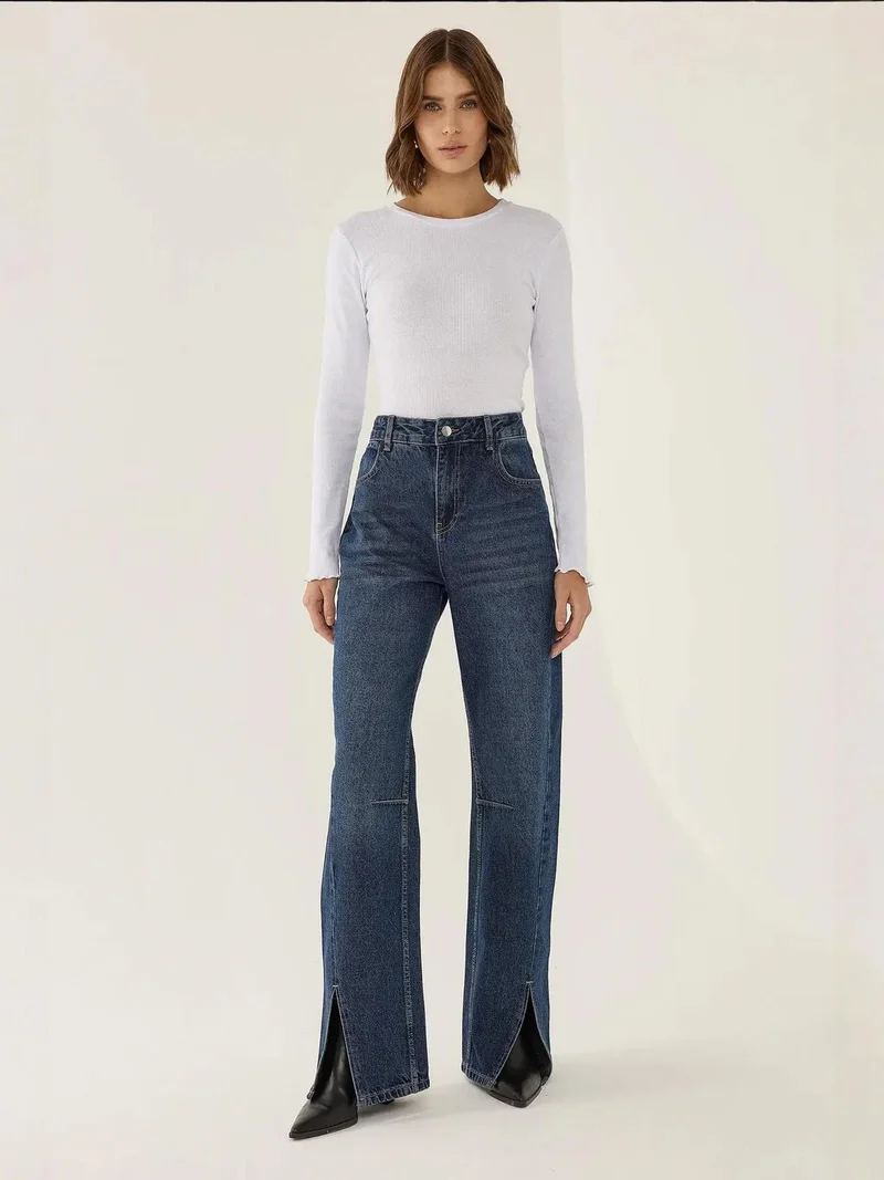 Mid Rise Side Slit Straight Leg Jeans