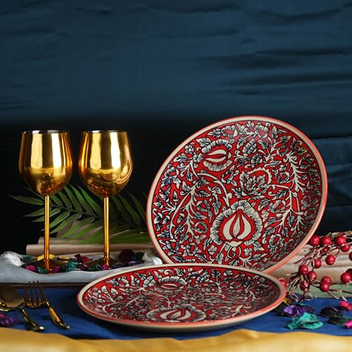 Caffeine Ceramic Handmade Stoneware Red Mughal Quarter Plate 7”(Set of 2 Dishwasher & Microwave Safe) - Image 2