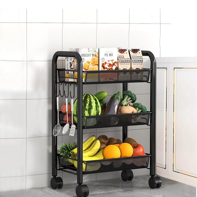 LiveCool Mesh Vegetable Stand Steel 3 Tier Onion Potato Rack for Storage Metal Kitchen Trolley with Wheels Trolley Rack for Kitchen Living Room Bedroom Black KT02B3 - Image 1