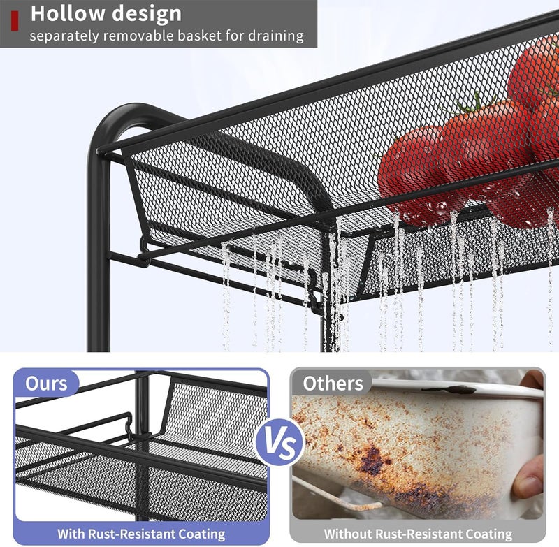 LiveCool Mesh Vegetable Stand Steel 3 Tier Onion Potato Rack for Storage Metal Kitchen Trolley with Wheels Trolley Rack for Kitchen Living Room Bedroom Black KT02B3 - Image 4