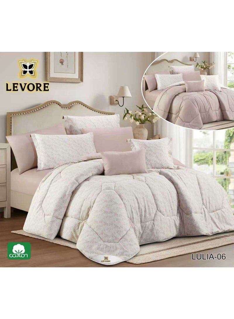 LEVORE 8-piece bedspread set, 100% soft cotton, floral pattern, double-sided, summer style, with filling and fastener, suitable for a 200x200 bed.