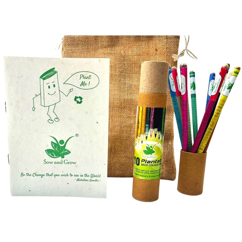 Sow and Grow Sow and Grow Eco Friendly Plantable Gift Kit 10 Seed Colour Pencils Seed Diary in a Jute Pouch  - Image 1