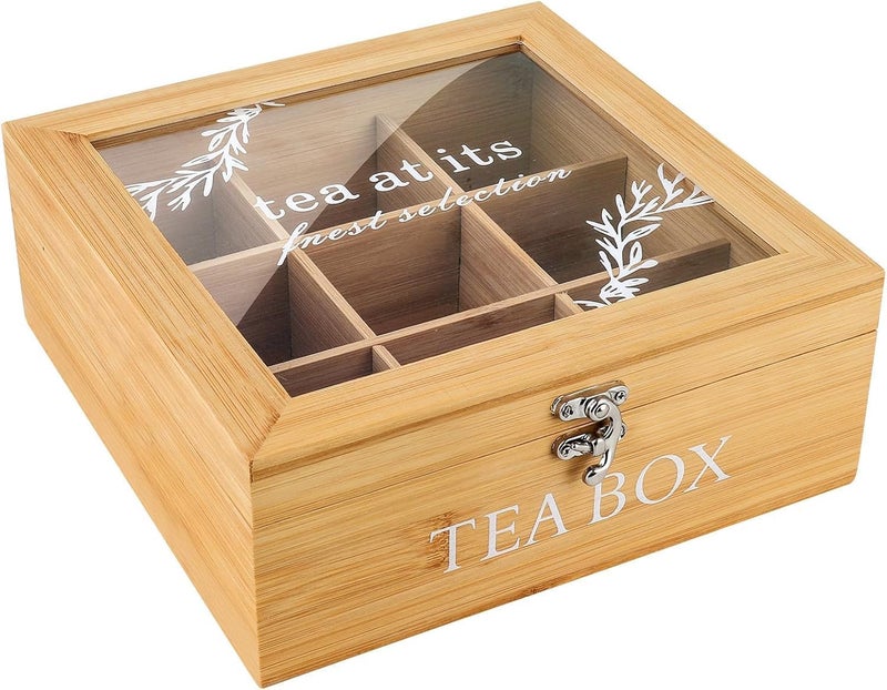 KASTWAVE Wooden Tea Box Organizer with Lid – 9 Compartments Tea Bag Storage Chest for Kitchen Countertop, Pantry, Cabinets – Multi-Compartment Tea Chest for Loose Leaf and Tea Bags - Image 1